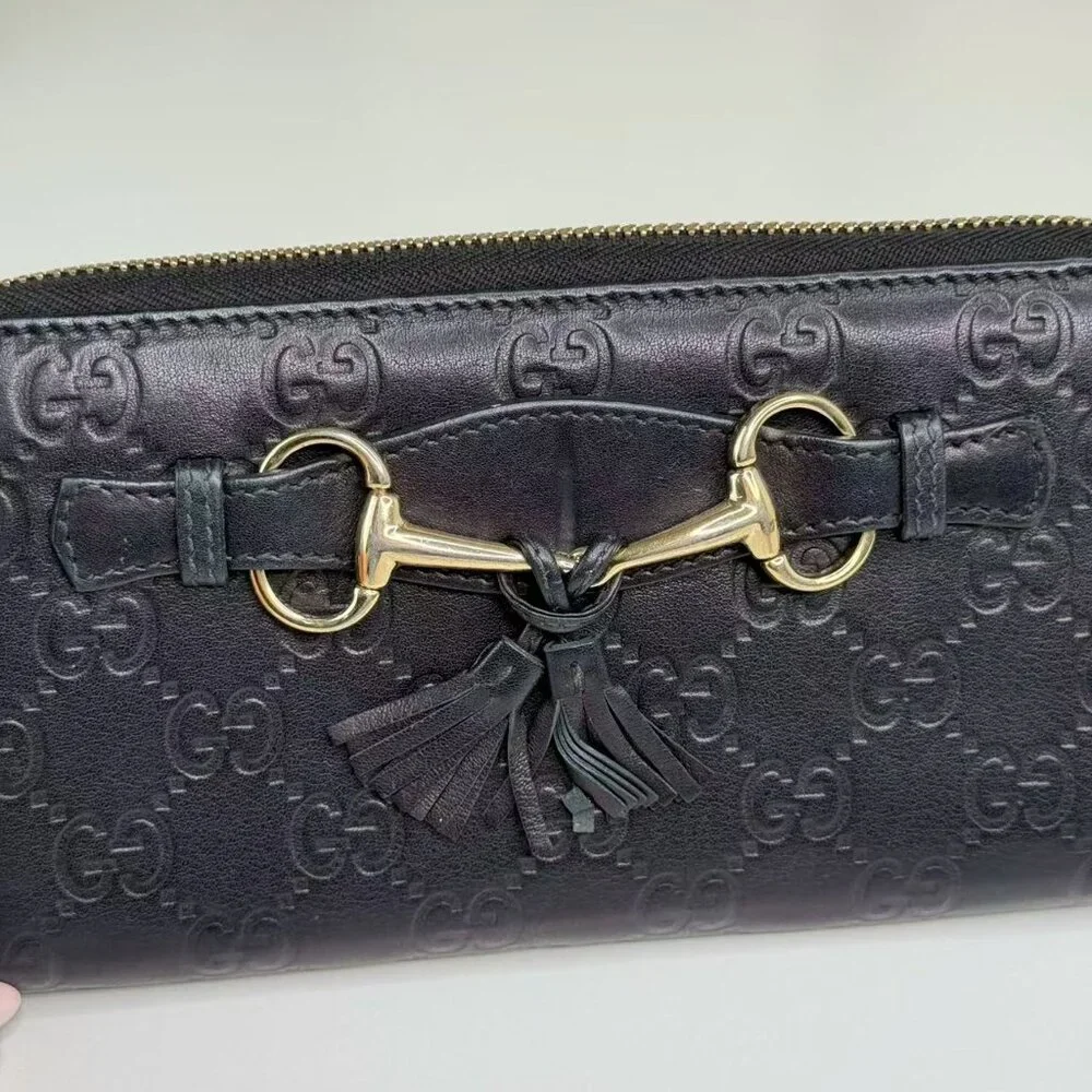 Gucci GG Logo Printed Leather Wallet Navy Blue with Gold Tone Hardware